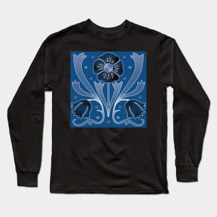 Art Nouveau flower pattern on blue Long Sleeve T-Shirt